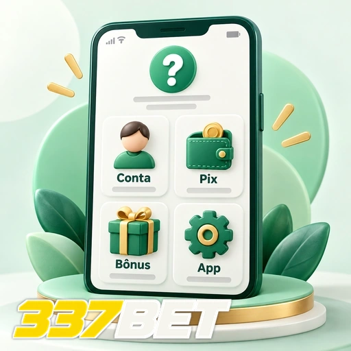 337BET — ilustração de celular com categorias de ajuda sobre conta, Pix, bônus e aplicativo