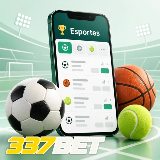 337BET — ilustração de aplicativo esportivo com bolas de futebol, basquete e tênis