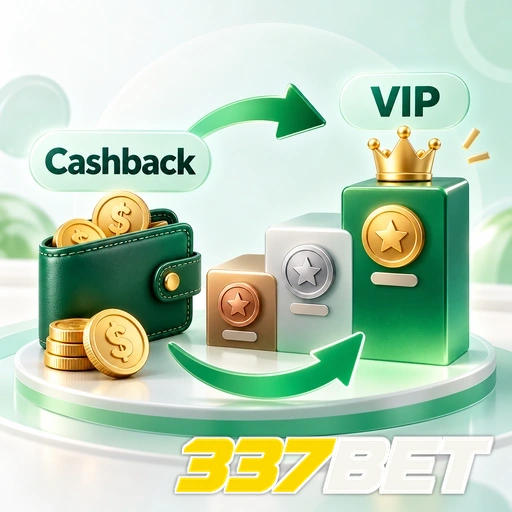 337BET — ilustração de cashback e nível VIP com moedas, carteira e coroa