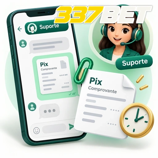 337BET — ilustração de atendimento por chat com comprovante Pix e relógio