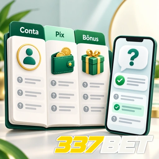 337BET — ilustração de ajuda sobre conta, Pix e bônus em telas de celular