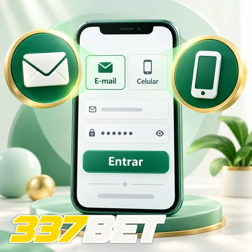 337BET — ilustração de login no celular com opções de e-mail e número de telefone