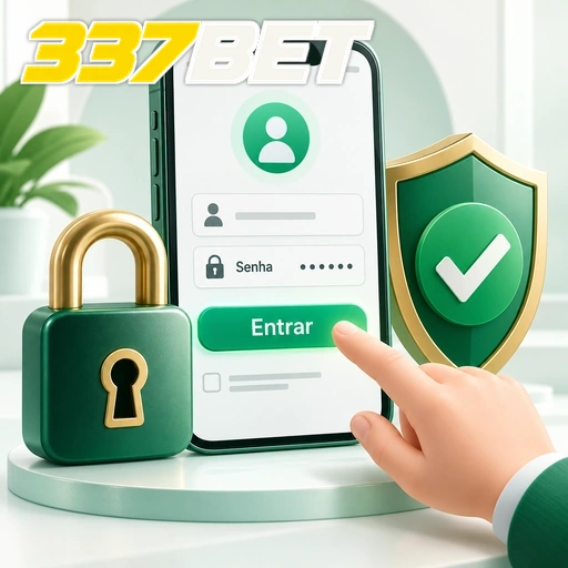 337BET — ilustração de login no celular com cadeado e escudo de segurança
