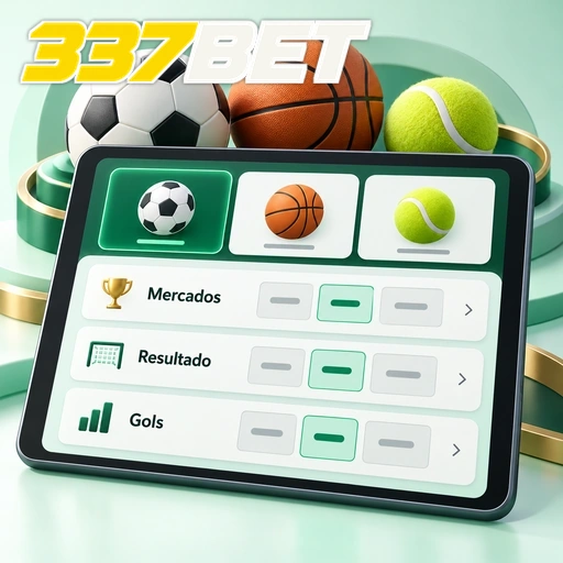 337BET — ilustração de mercados esportivos em tablet com bolas de diferentes esportes